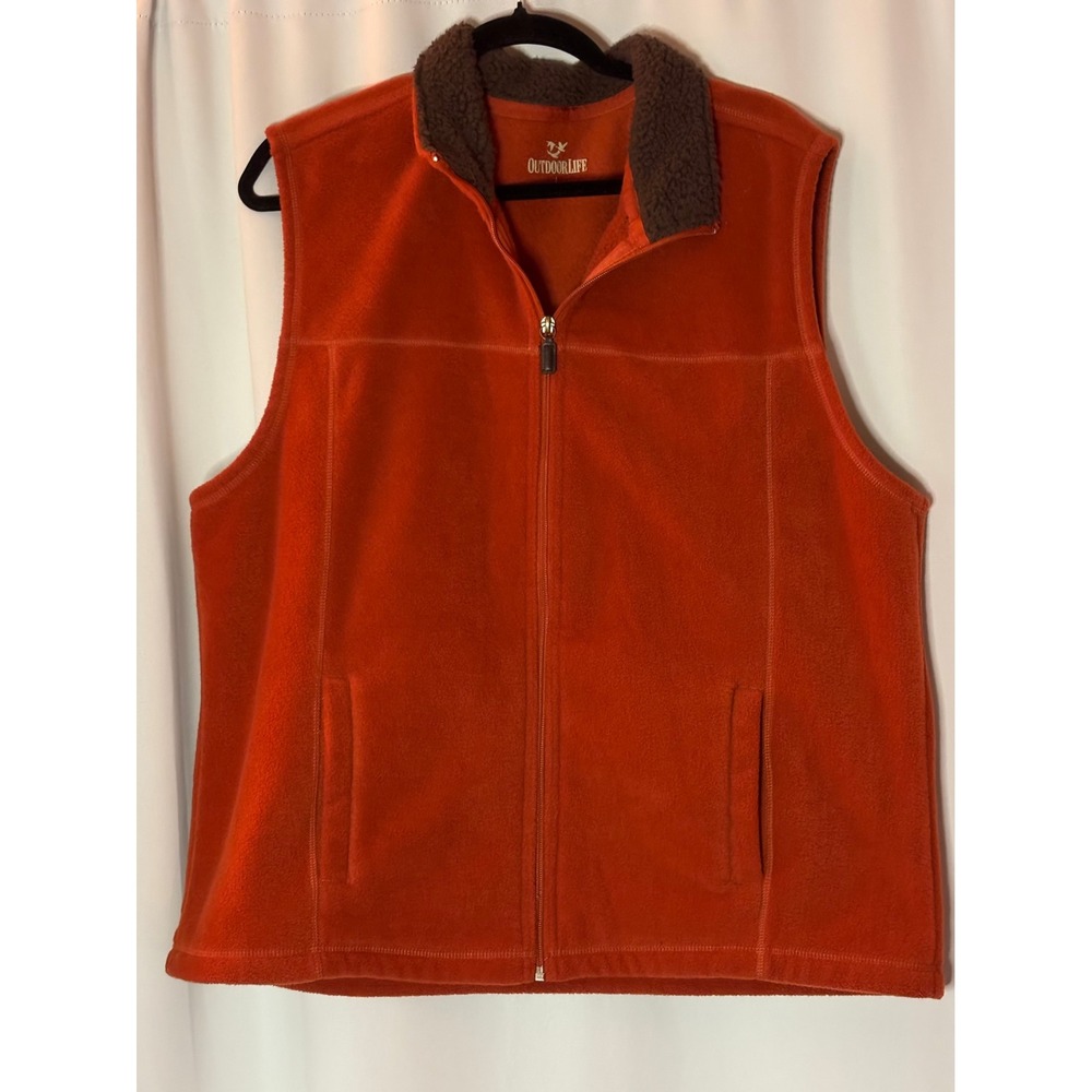 Outdoor Life Mens Fleece Vest Burnt Orange Full Zip Faux Shearling Collar Large